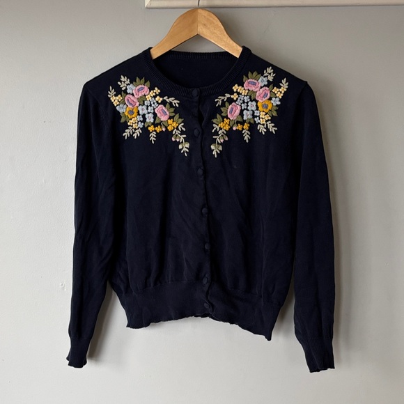 Vintage Floral Embroidered Cotton Cardigan Navy Cottagecore Sweater S/M - Picture 3 of 9